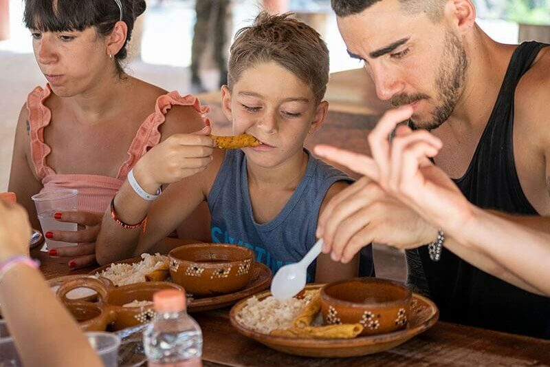 After visiting the Mayan Ruins, zip lining, driving the ATVs, rappelling, and swimming in a hidden cenote, it is time to eat a delicious traditional Mexican lunch here on our Full Day Coba Mayan Ruins and ATV Tour